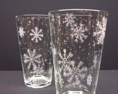 Floating Flakes . 2 Pint Glasses Hand Engraved With Snowflakes