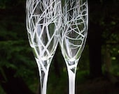 Two Champagne Flutes . Hand Engraved . 'Reaching Branches' - daydreemdesigns