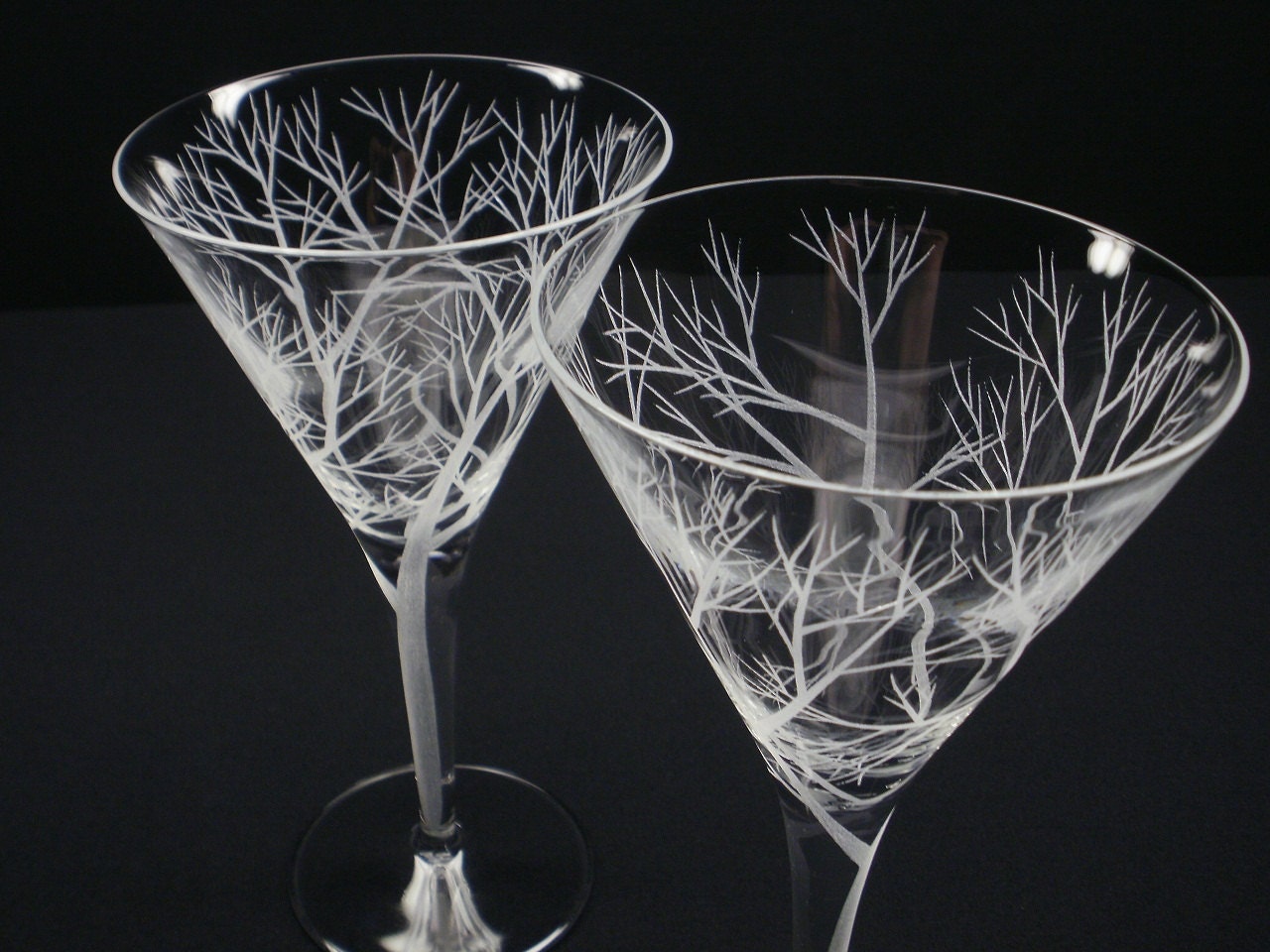Two Martini Glasses . Hand Engraved . 'Reaching Branches' Barware . Take 15% OFF At Checkout