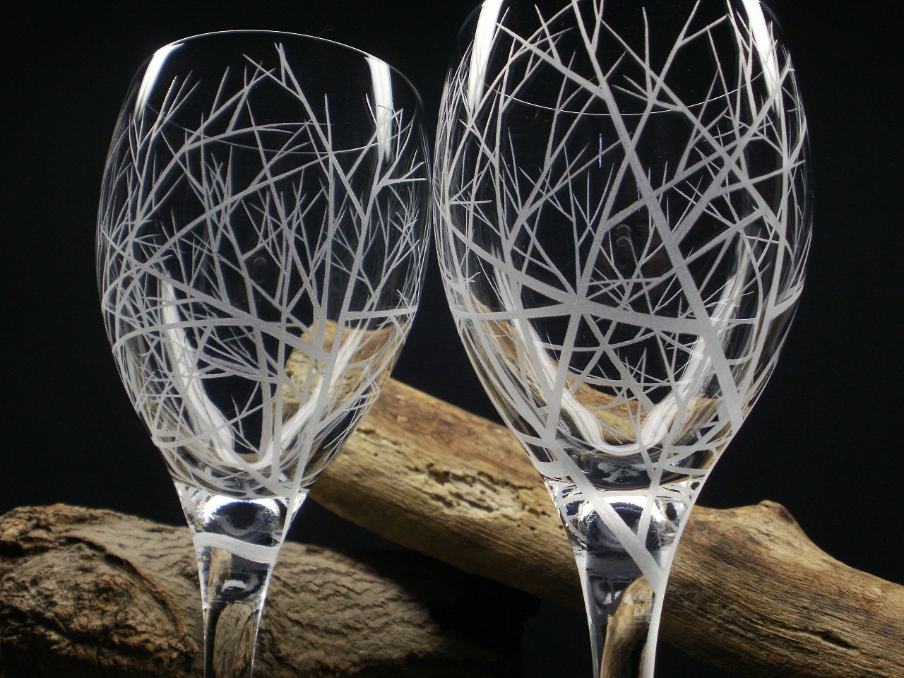 2 White Wine Glasses . Hand Engraved . 'Reaching Branches' Outdoor Entertaining Glassware - daydreemdesigns