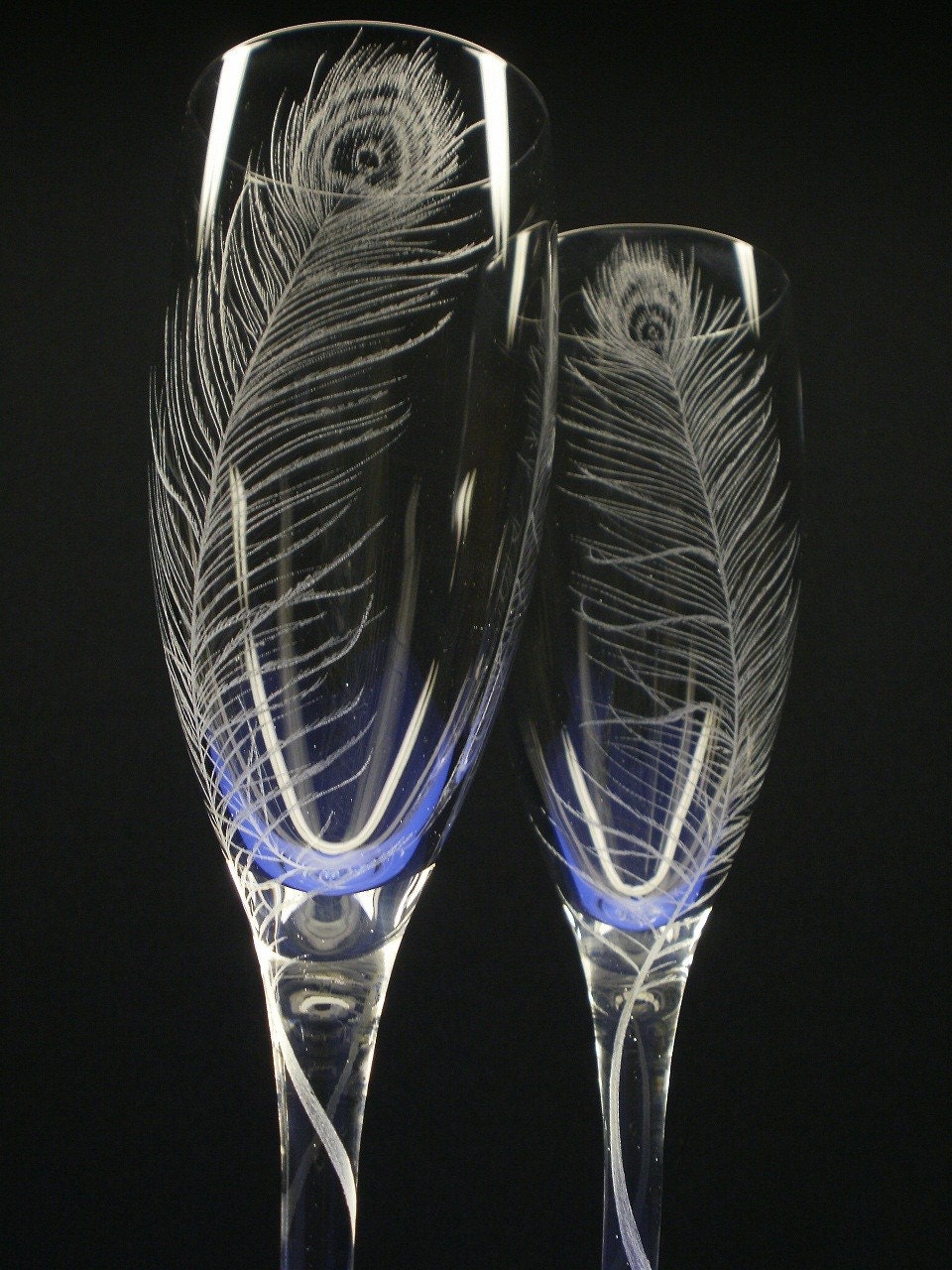 Peacock Feathers . 2 Champagne Flutes . Hand Engraved
