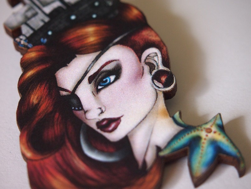 The Pirate Girl  and her Starfish Laser Cut Wood Brooch