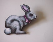 Grey Bunny in Pink Bow Laser Cut Wood Brooch