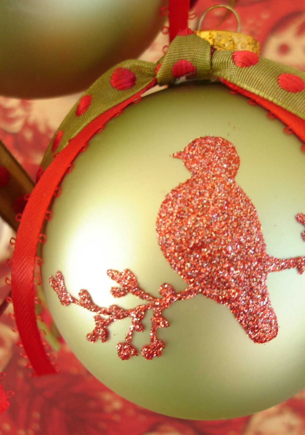 CUSTOM LISTING FOR marlared - Hand Painted Ornament - Vintage Inspired Red Bird Silhouette on Frosty Green glass ball ornament