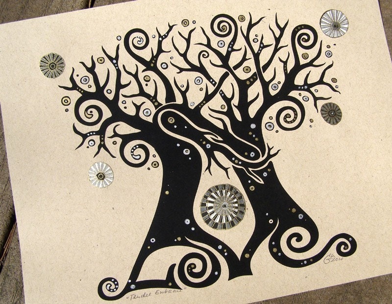 Tender Embrace Trees Hand Decorated Print