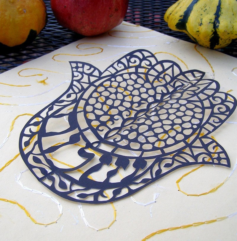 Black Pomegranate Peace Papercut Hamsa