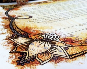 Henna Tattoo Indian Style Ketubah - Jewish Marrigage Contract perfect for interfaith fall funky yet elegant wedding