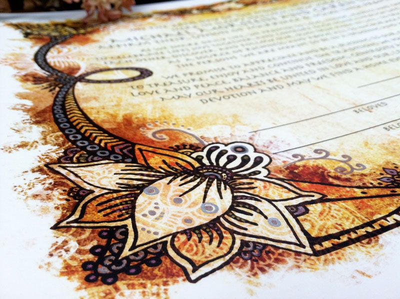 Henna Tattoo Indian Style Ketubah - Jewish Marrigage Contract perfect for interfaith fall funky yet elegant wedding
