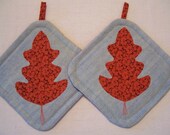 Pot Holders - AUTUMN LEAF - Upcycled Denim Blue Orange - Set of 2