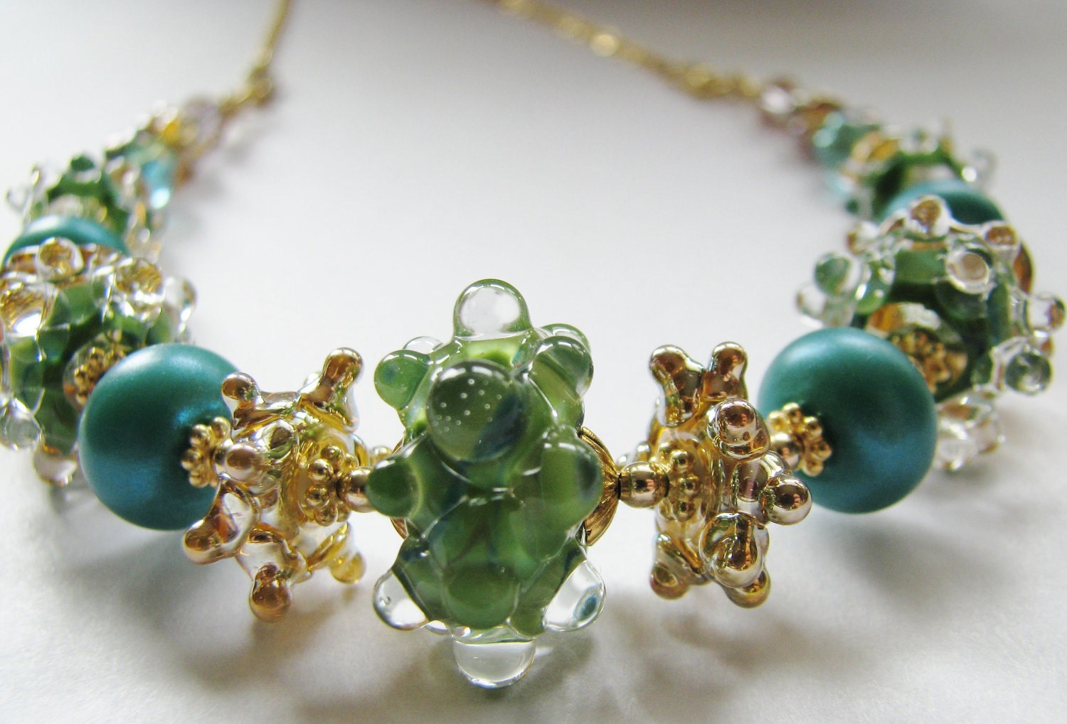 Lampwork Necklace & Bracelet, 2 in 1 - Teal Green Gold Lampwork Glass, 24k Gold Vermeil, 14k Gold Filled, Summer Meadow