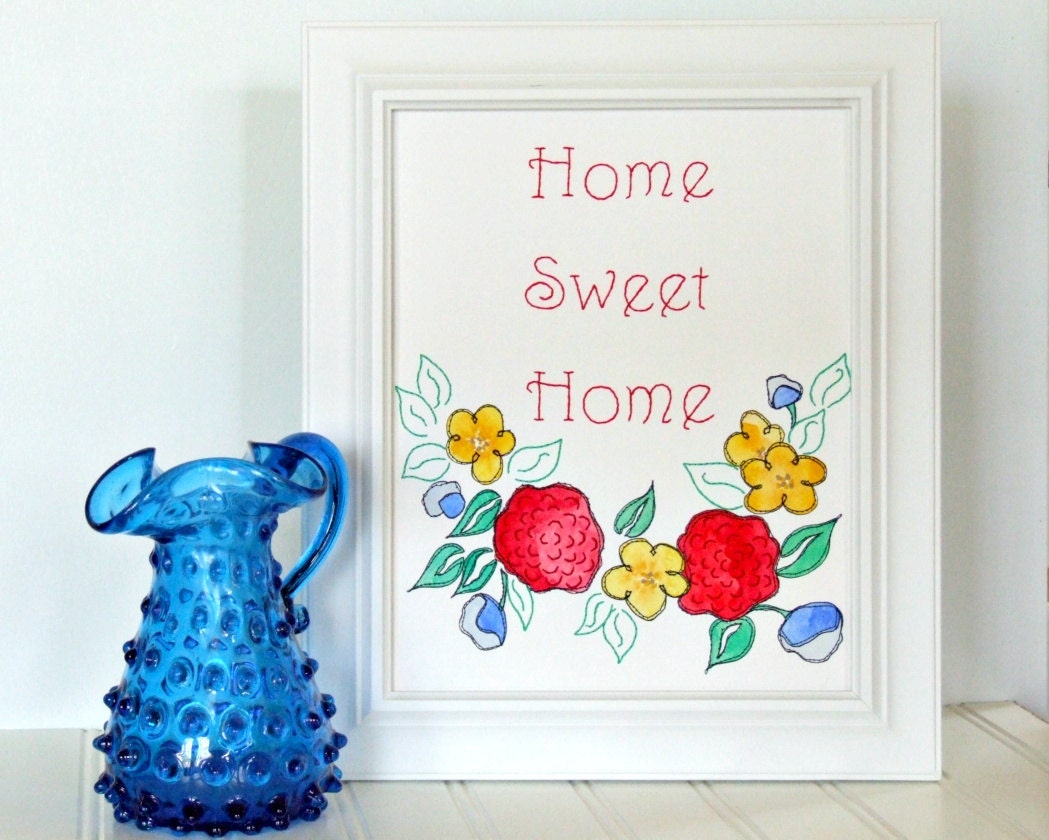 Home Sweet Home Watercolor Stitched Art Original 8 x 10