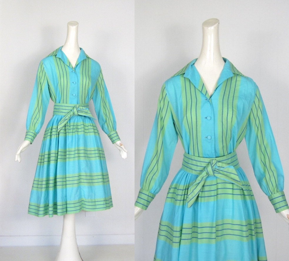 Vintage 50s Dress / Aqua and Lime Stripes / 1950s Shirtwaist Dress / S