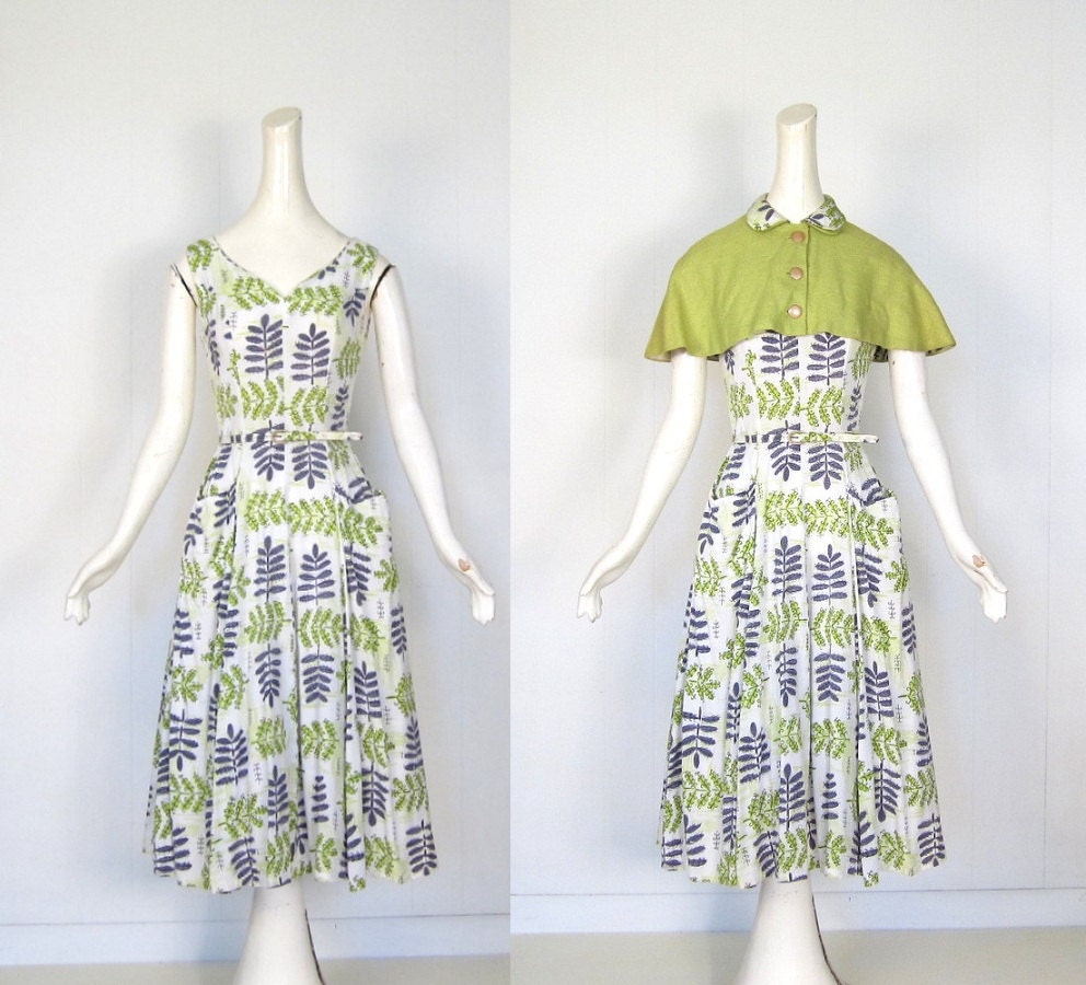 1950s Dress Set / 50s Dress / Fern Print / Chartreuse Capelet / XS