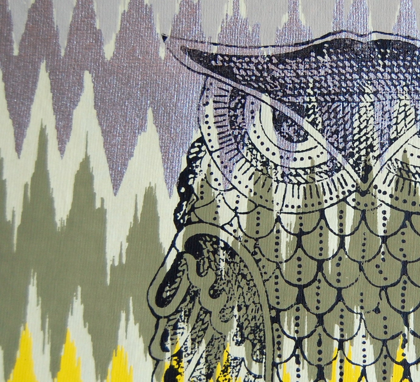 hand-printed owl, original, 11 x 14, NEW 2012 line