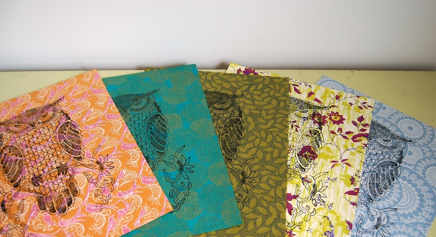 Owl print on teal with gold mums, original 11 x 14 poster