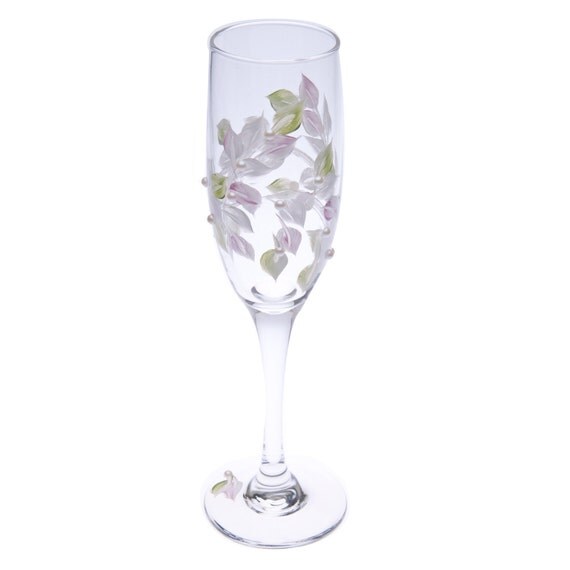 Toasting Champagne Flutes - Hand Painted Blush Pink and Spring Green Pearl Leaf - Set of Two