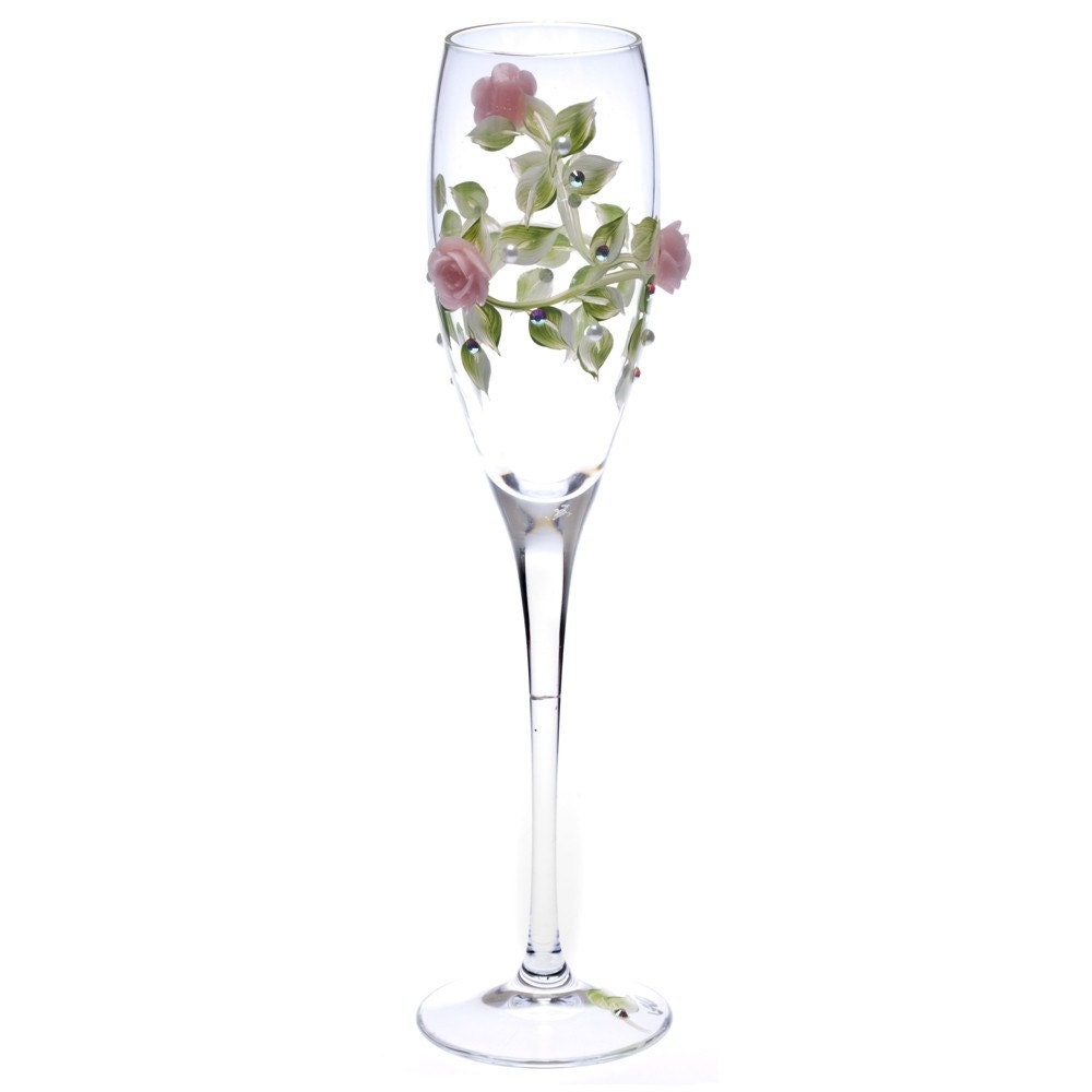 Bride and Groom Flutes - Hand Painted Leaf and Pink Rose Flower Champagne Toasting Glasses - Set of Two