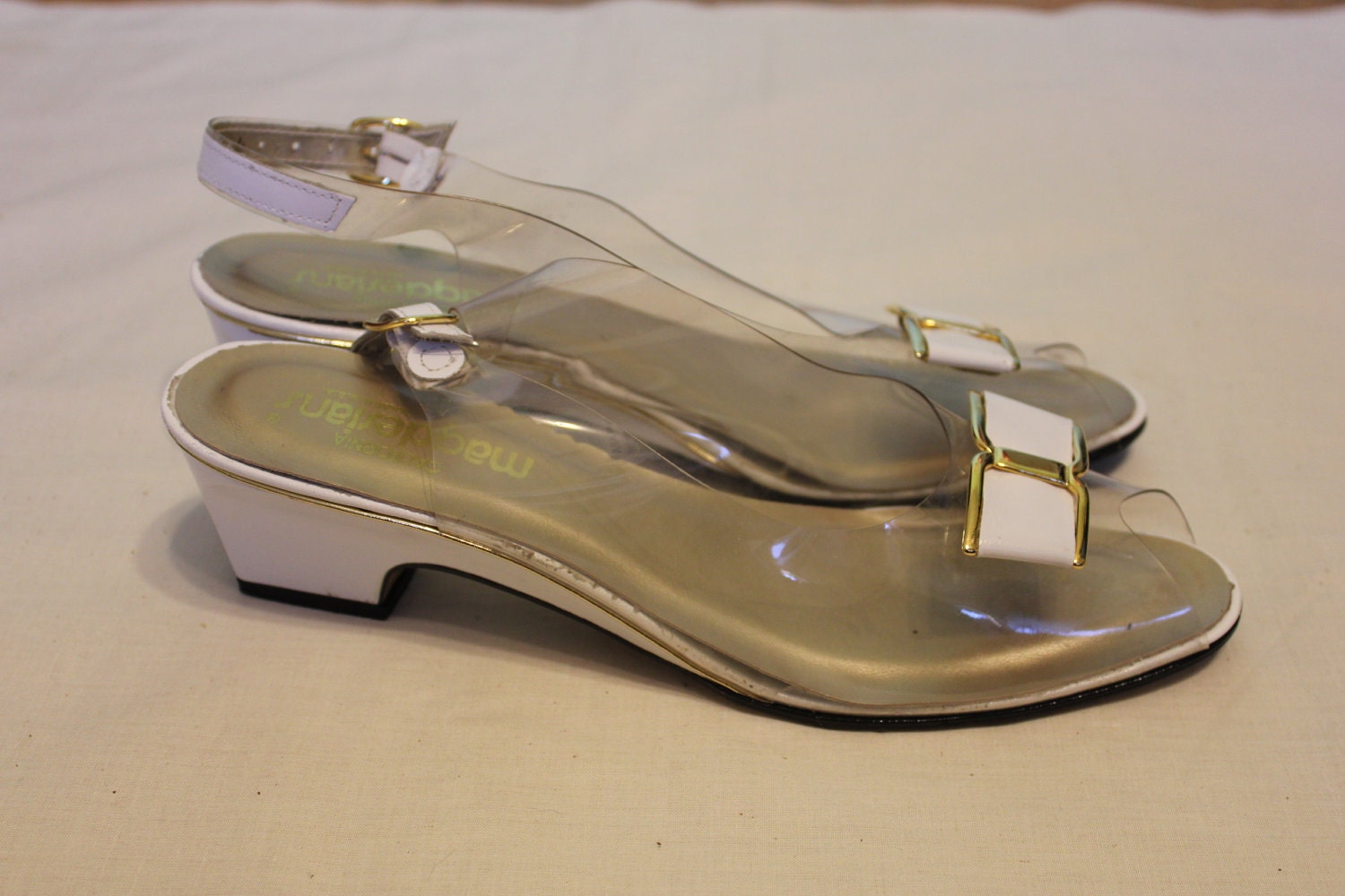 60s 70s Magdesians Cinderella clear slingback peeptoe wedges 10 N 9.5 white and gold ferragamo bow