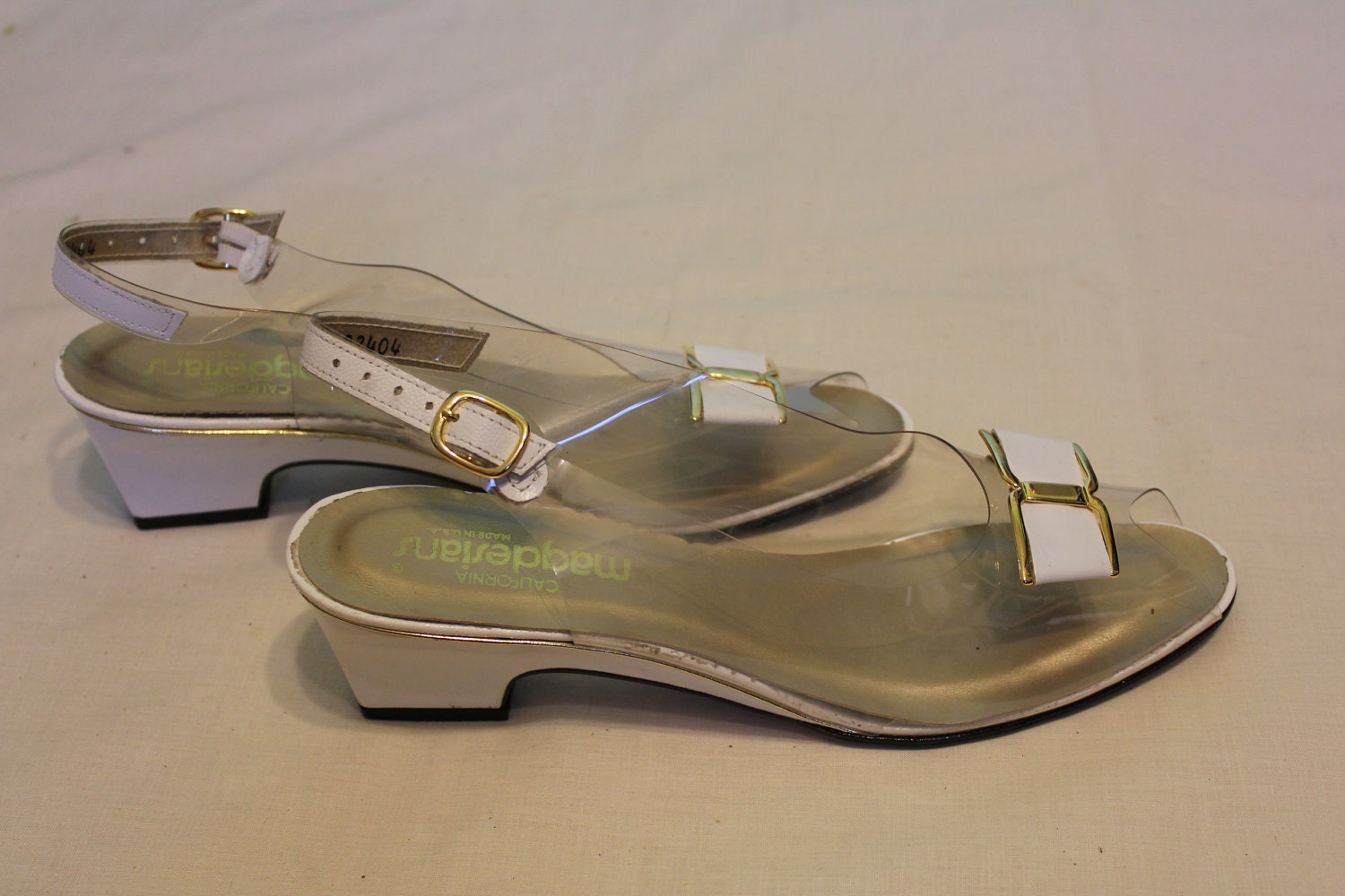 60s 70s Magdesians Cinderella clear slingback peeptoe wedges 10 N 9.5 white and gold ferragamo bow