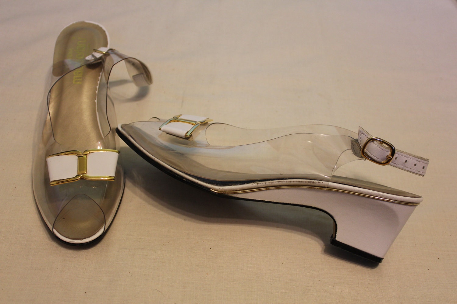 60s 70s Magdesians Cinderella clear slingback peeptoe wedges 10 N 9.5 white and gold ferragamo bow