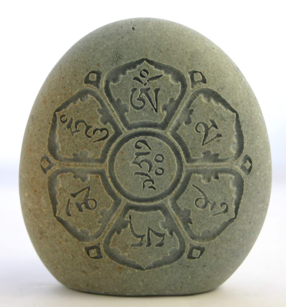 Om Mani Padme Hum Tibetan Script Engraved Grey Green Standing Stone Mantra Prayer