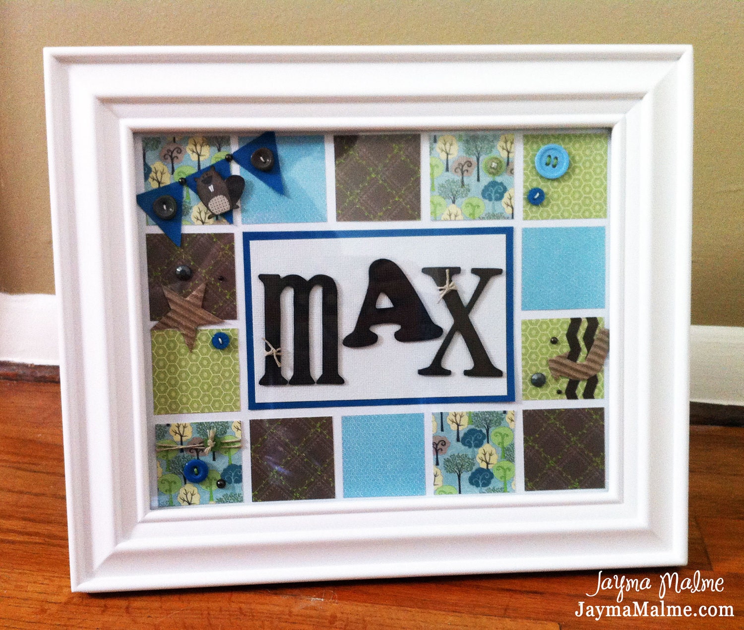 Baby Boy Blue, Green & Brown Custom-Designed (What's in a Frame) Nursery Name Decor
