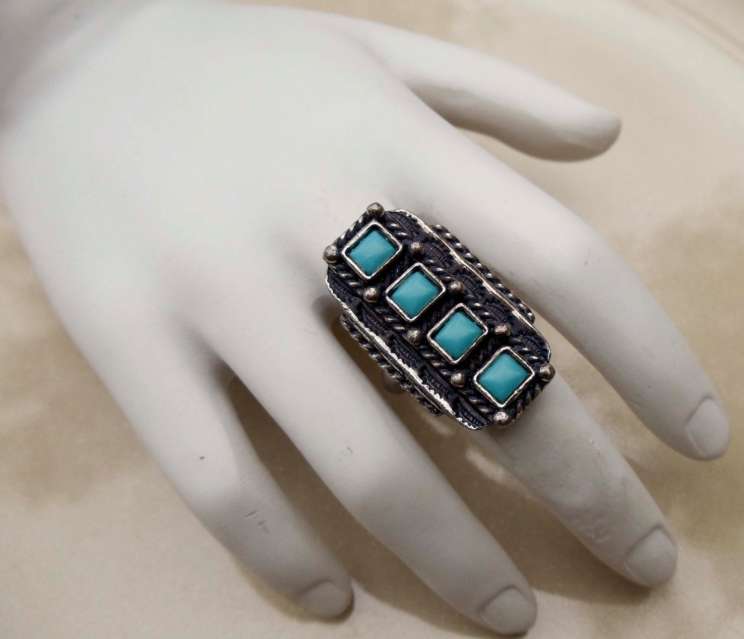 Vintage silver turquoise ring adjustable band large cocktail ring