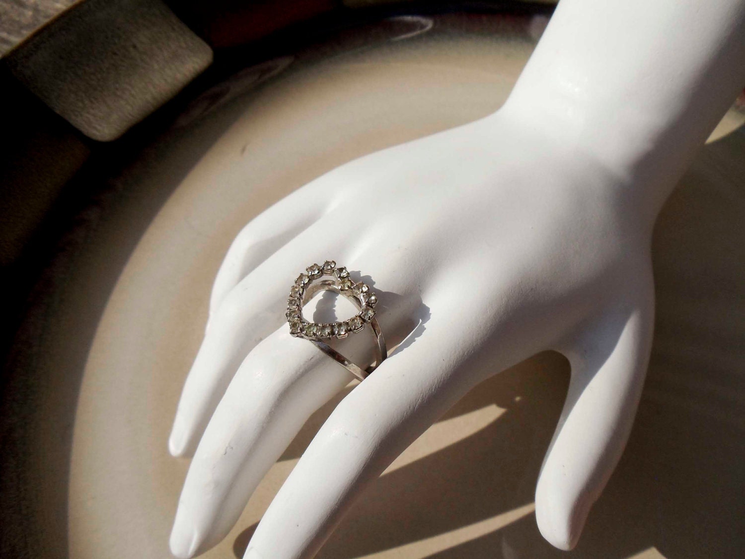 Summer Sale Vintage Silver Rhinestone Heart ring adjustable