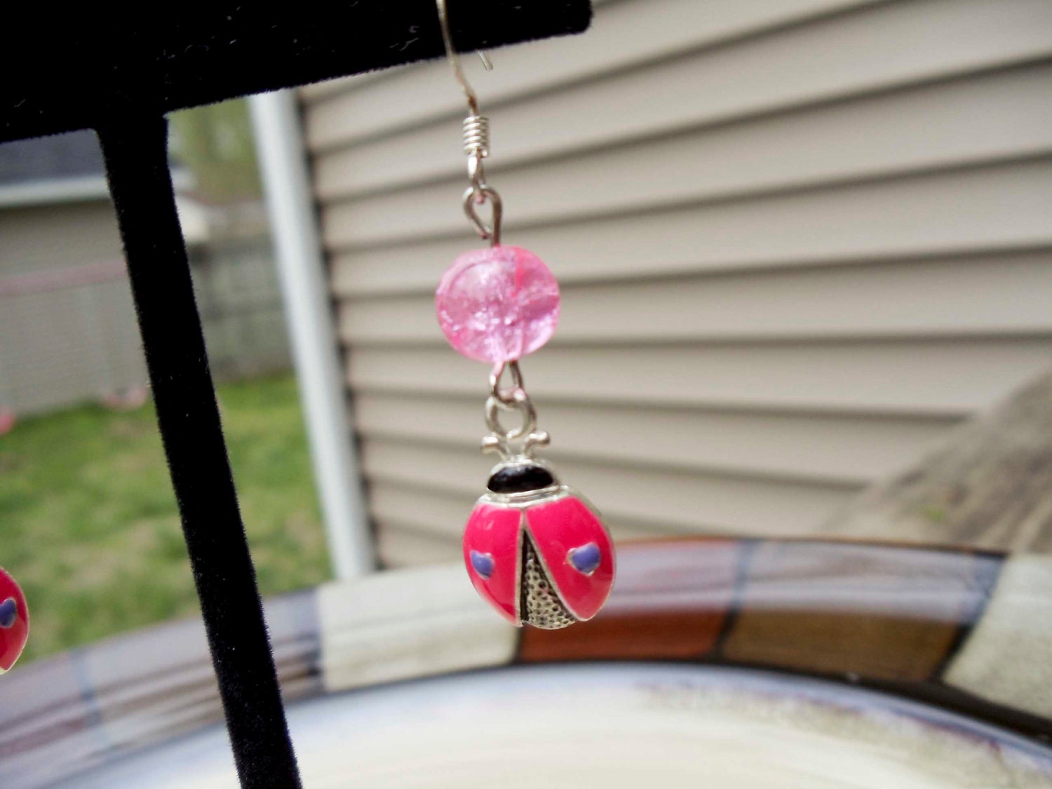 Pink Ladybug dangle earrings handmade