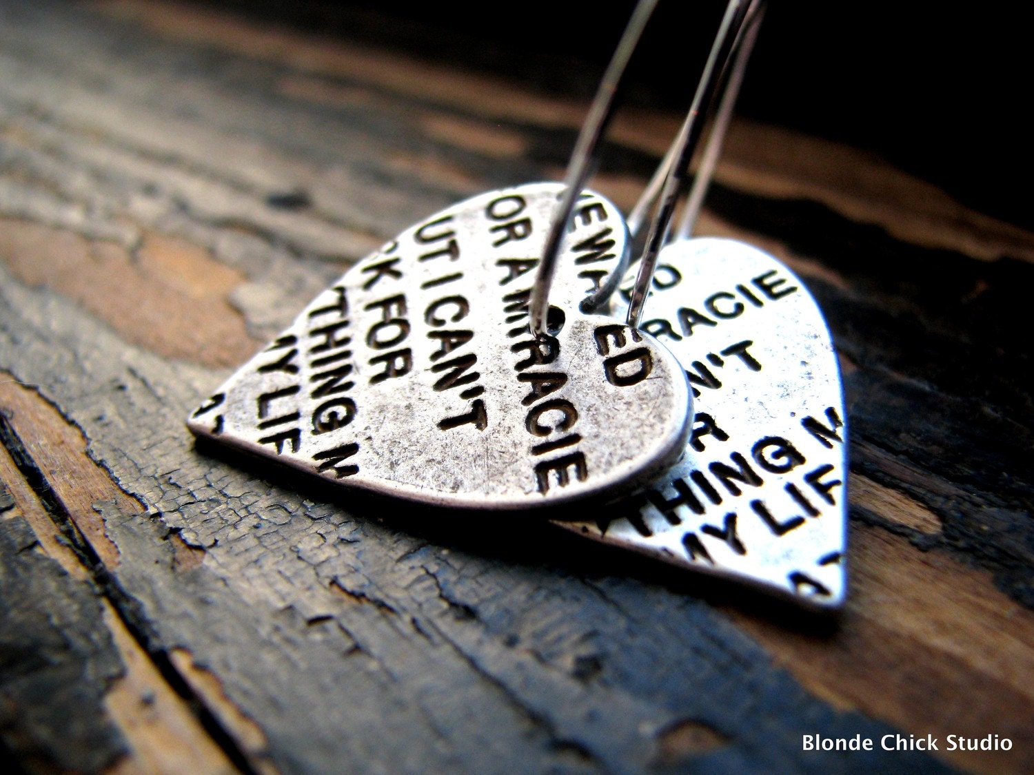 LOVE LETTERS-Stamped Antique Silver Heart Hoop Earrings