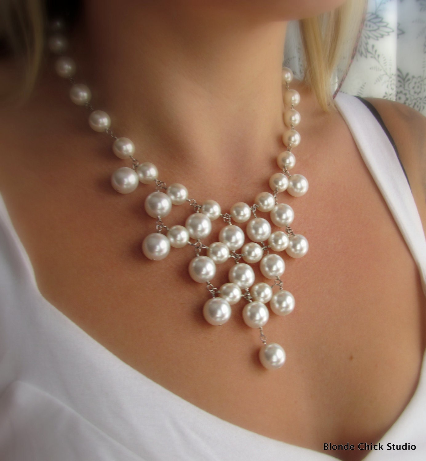 WHITNEY-White Glass Pearl Bib Style Necklace
