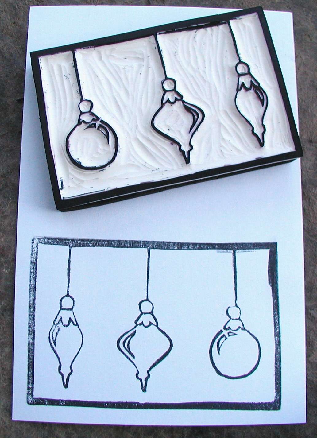 Christmas Ornament Trio Frame hand carved rubber stamp