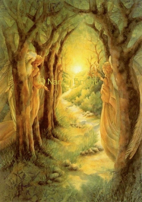 Journey On, My Beloved- Angels hover in the forest as the distant traveler follows the illumined path