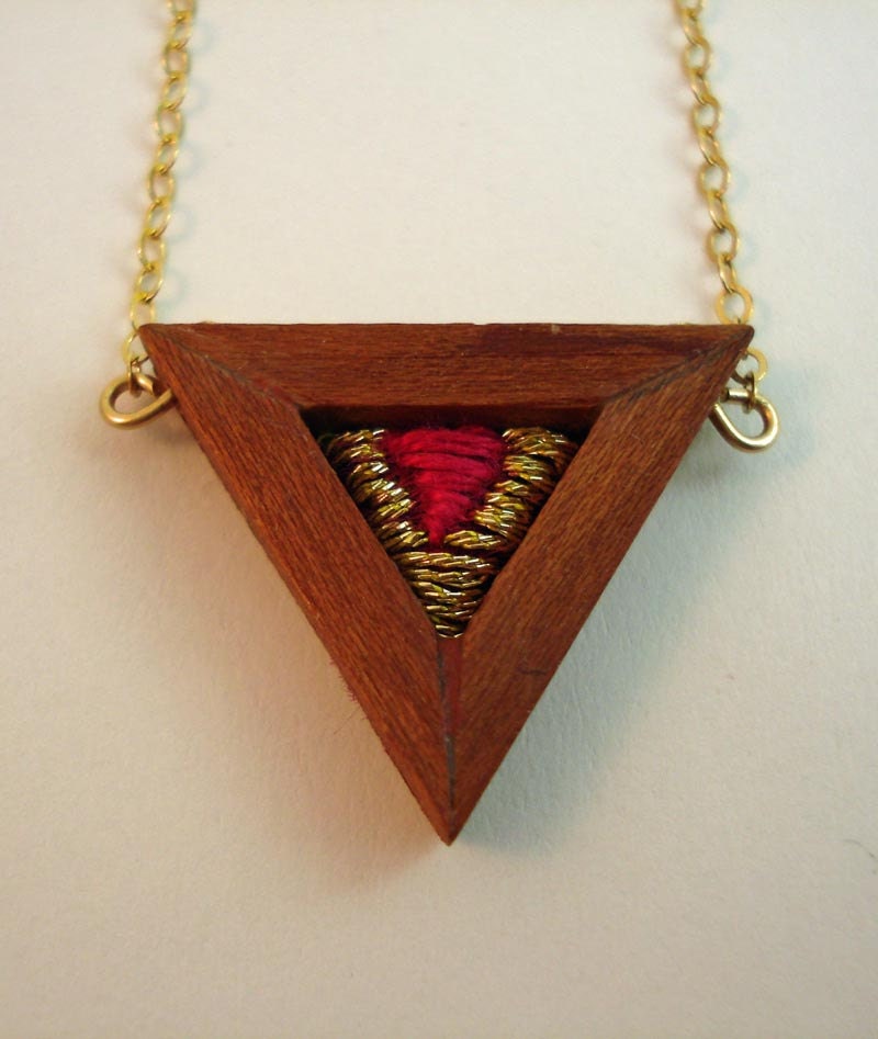 Triangle wood necklace with embroidery -- Tri No.1