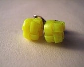 Yellow neon boondoggle cube earrings -- Camp