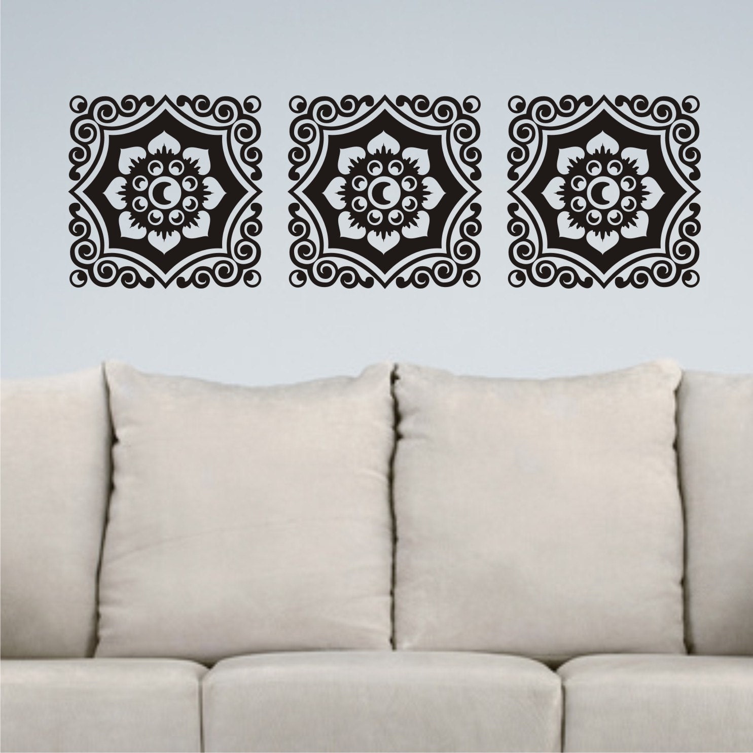 Floral Damask Motif Trio - Vinyl Wall Decal 3 Panel Design Vinyl Wall Art Sticker Graphic