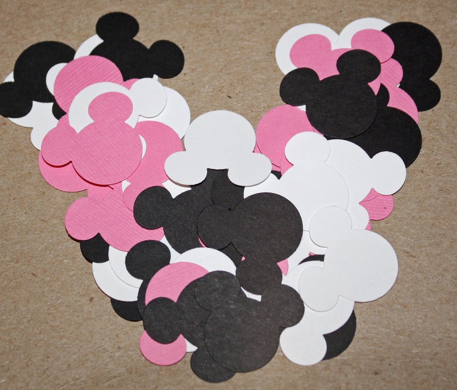50 Pink, White and Black Handpunched Mouse Ears Confetti, Scrapbooking Embellishments, Medium Size