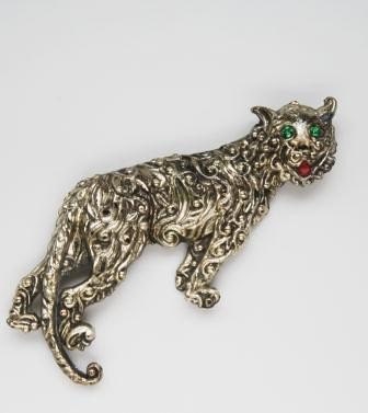 Vintage Figural Brooch Cat Jaguar with Green Rhinestone Eyes scrollwork metal