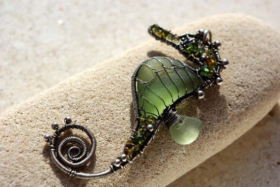 Tiny OLIVE seahorse wire wrapped seaglass pendant.