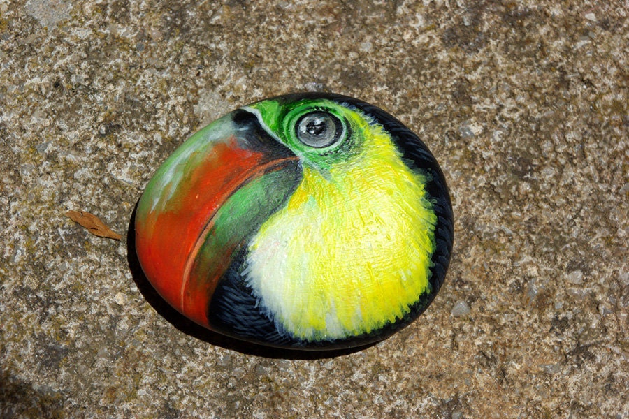 TOUCAN hand painted sea stone.