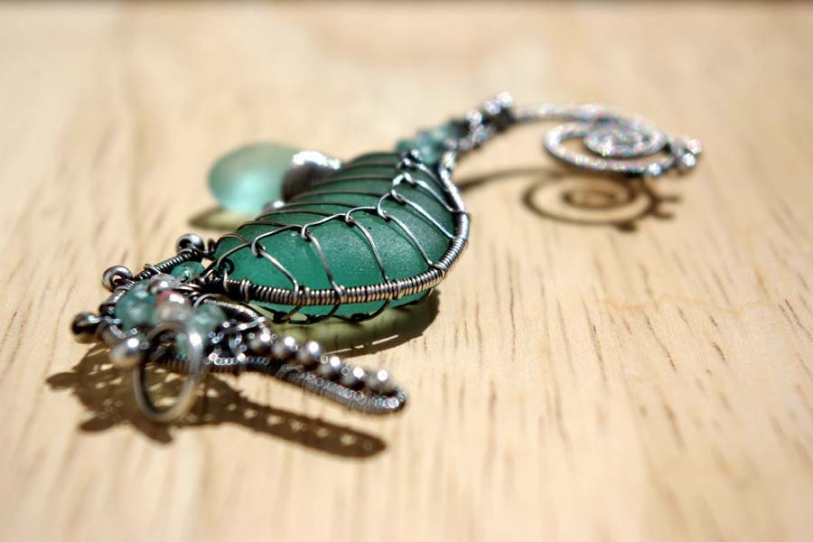 20% OFF. AQUA TEAL seahorse wire wrapped seaglass pendant.