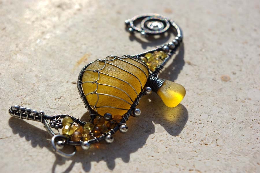 GOLDEN YELLOW seahorse wire wrapped seaglass pendant.