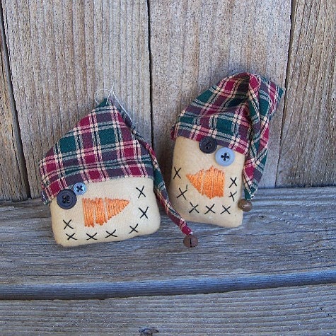 Primitive Stocking Cap Snowman Ornaments, Rustic Country Farmhouse Decor, Christmas Decoration, Seasonal, Plaid, Handstitched