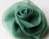 Rose hair clip, emerald green organza fabric, medium