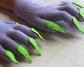 Gloves with claws, purple and green, for Halloween costume or pretend play, one size stretch glove