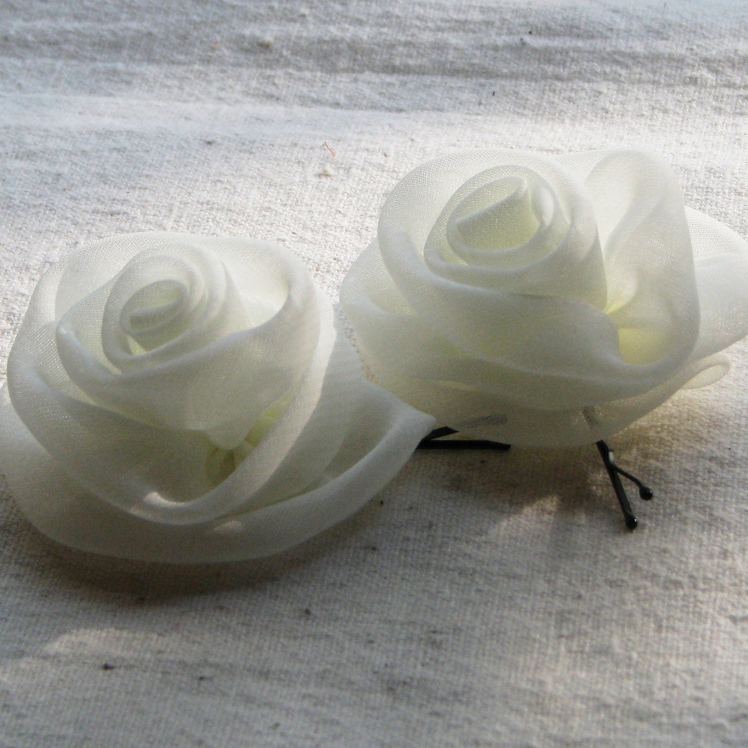 Ivory rose bobby pins, small hair flowers in ivory chiffon fabric, perfect for flower girls, bridesmaids, bridal, or communion, set of 2