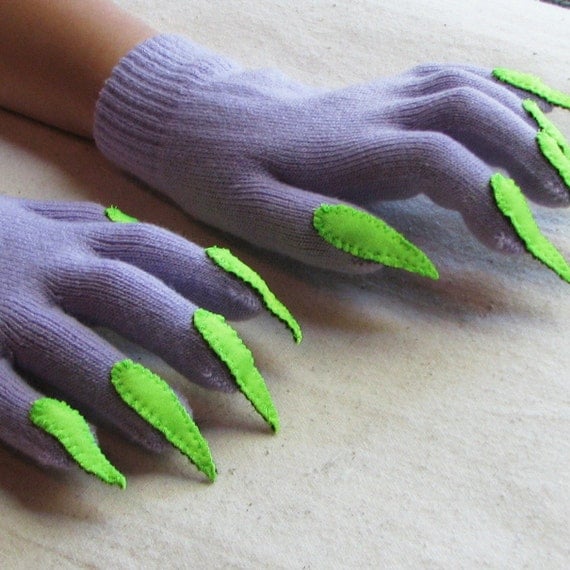 Gloves with claws, purple and green, for Halloween costume or pretend play, one size stretch glove