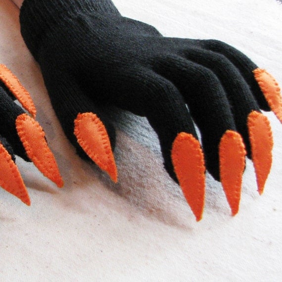 Halloween gloves with claws, black and orange, for Halloween costume or pretend play, one size stretch glove