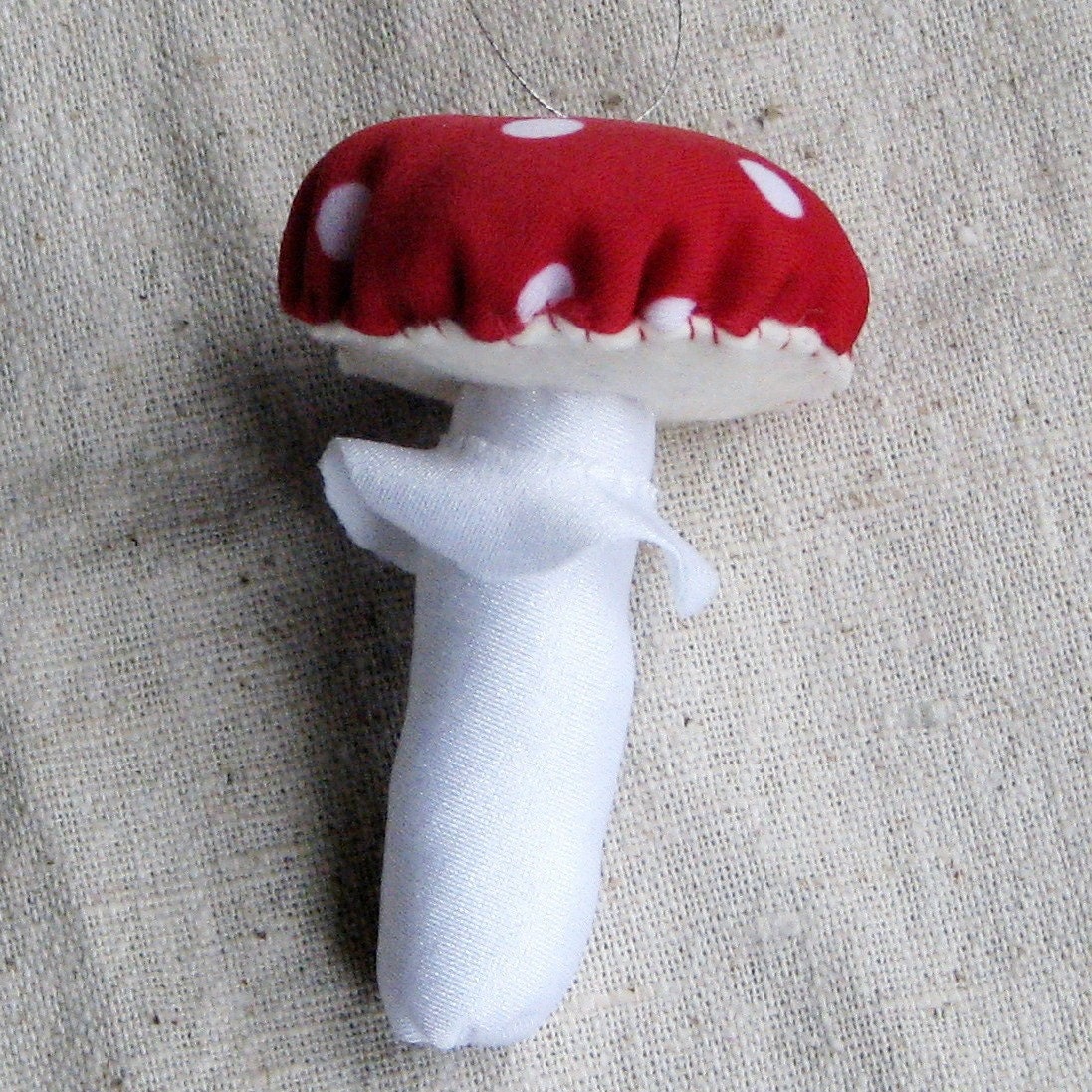 Mushroom ornament, bright red toadstool with white dots, soft and lightweight fabric