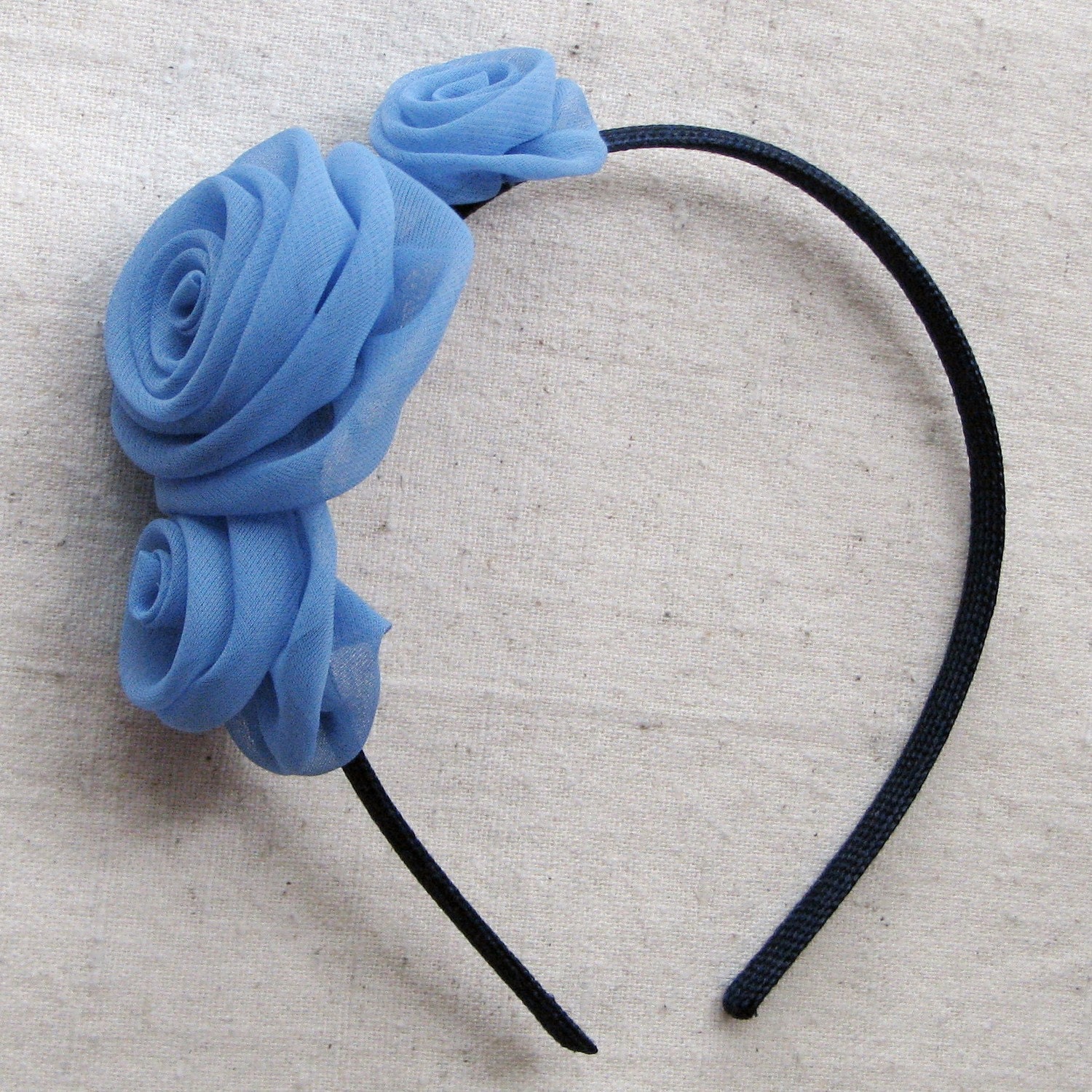 Fabric rose headband, with 3 handcrafted rosettes in cornflower blue chiffon, child size hair accessory